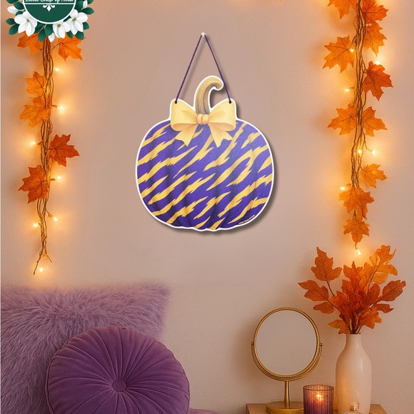 NEW Purple Gold Tiger Stripes Pumpkin Louisiana Wall Art Decor Fall Door Hanger - Picture 9 of 17